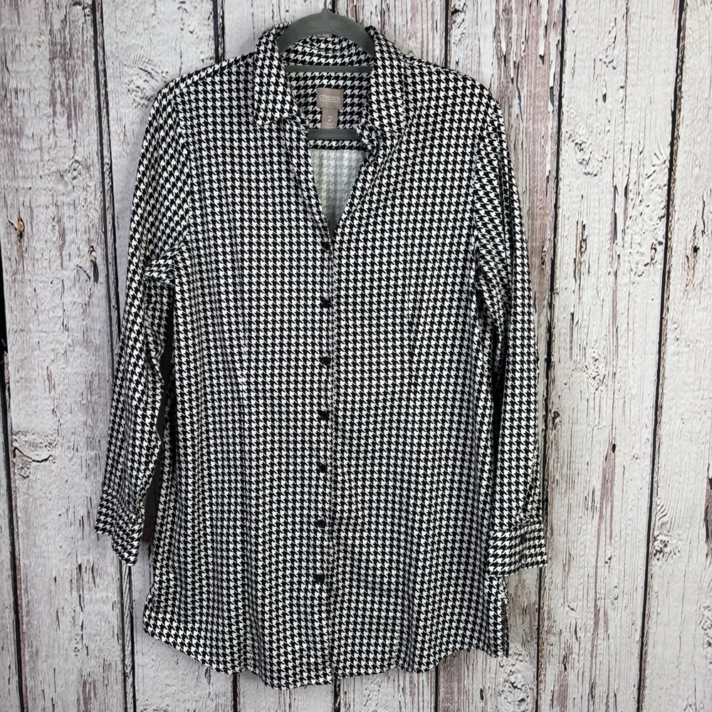 Chico’s 2 | Large Black &‎ White Houndstooth Button Down Tunic Blouse Shirt EUC